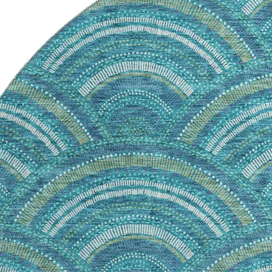 8' Teal Ivory And Fern Green Geometric Washable Round Rug With UV Protection Photo 2