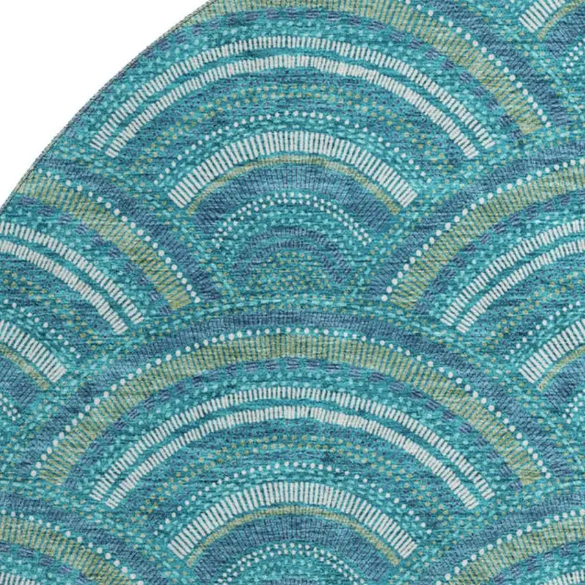 8' Teal Ivory And Fern Green Geometric Washable Round Rug With UV Protection Photo 2