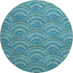 Photo of 8' Teal Ivory And Fern Green Geometric Washable Round Rug With UV Protection