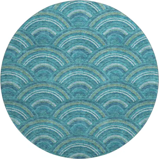 8' Teal Ivory And Fern Green Geometric Washable Round Rug With UV Protection Photo 1