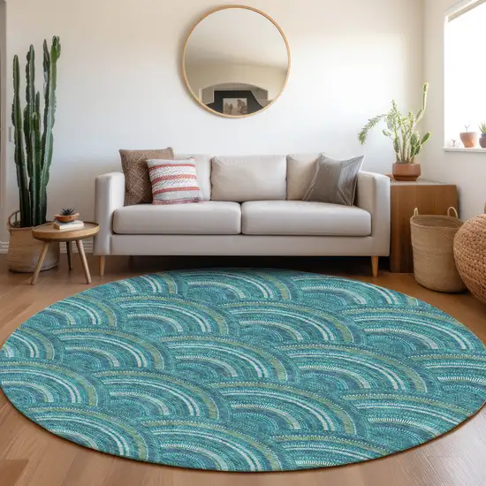 8' Teal Ivory And Fern Green Geometric Washable Round Rug With UV Protection Photo 4