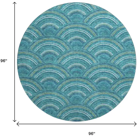 8' Teal Ivory And Fern Green Geometric Washable Round Rug With UV Protection Photo 9
