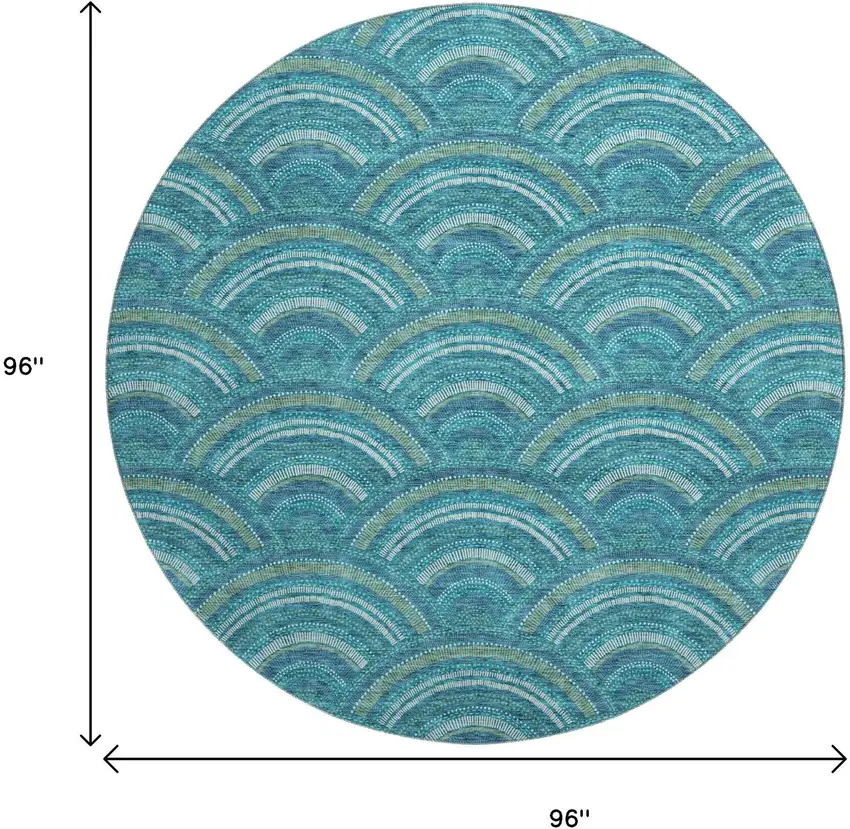 8' Teal Ivory And Fern Green Geometric Washable Round Rug With UV Protection Photo 9