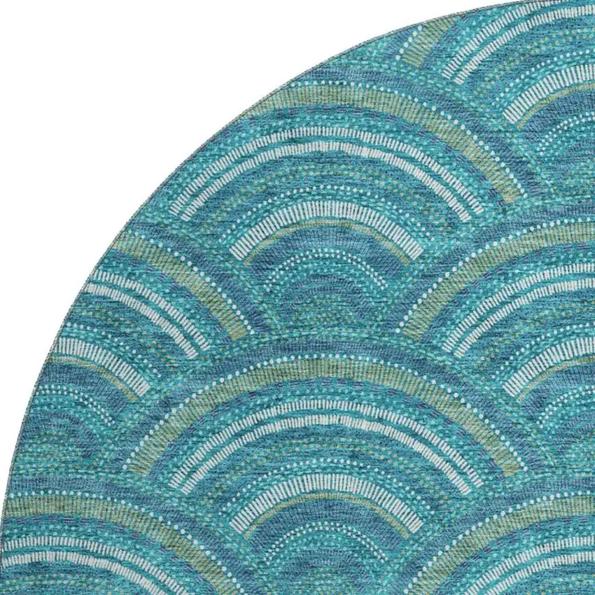 8' Teal Ivory And Fern Green Geometric Washable Round Rug With UV Protection Photo 3