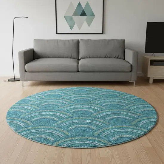 8' Teal Ivory And Fern Green Geometric Washable Round Rug With UV Protection Photo 2