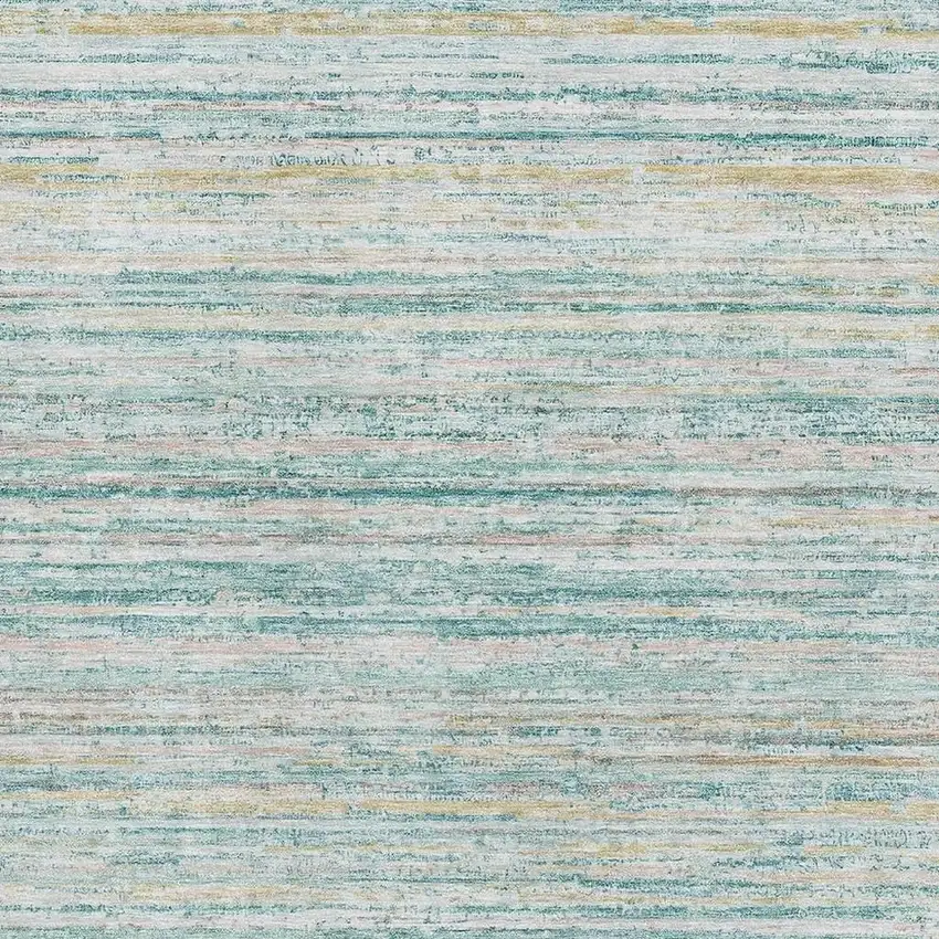 8' Teal Ivory And Gold Striped Washable Area Rug With UV Protection Photo 2
