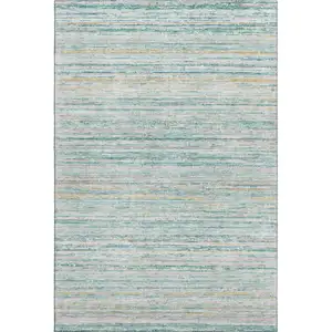 Photo of 8' Teal Ivory And Gold Striped Washable Area Rug With UV Protection