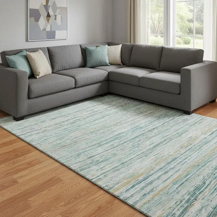 8' Teal Ivory And Gold Striped Washable Area Rug With UV Protection Photo 2