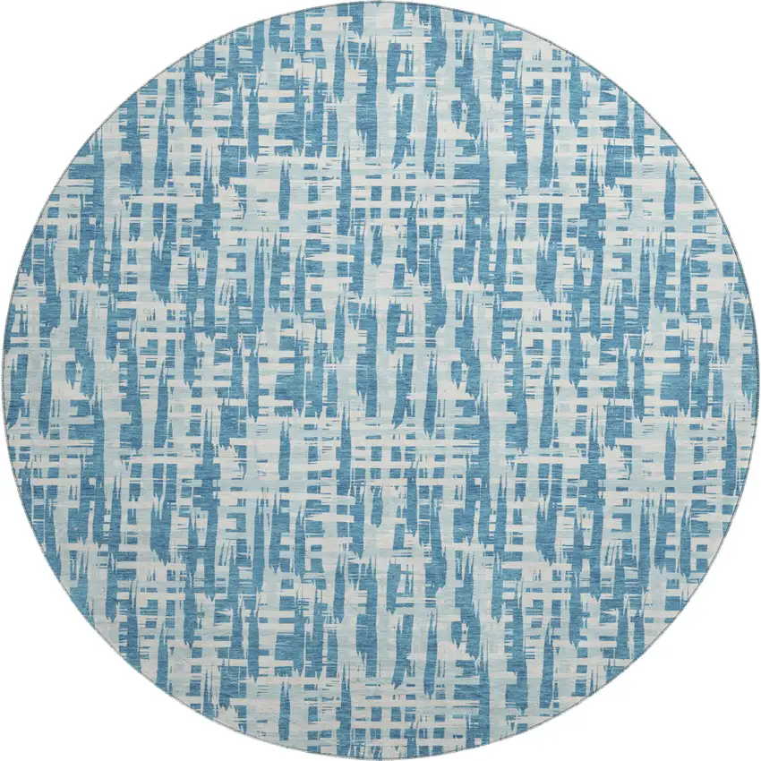 8' Teal Ivory And Gray Abstract Geometric Washable Round Rug With UV Protection Photo 1