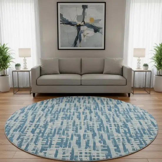 8' Teal Ivory And Gray Abstract Geometric Washable Round Rug With UV Protection Photo 2