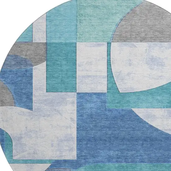 8' Teal Ivory And Gray Abstract Geometric Washable Round Rug With UV Protection Photo 2
