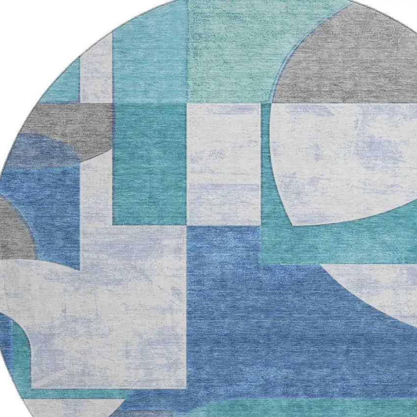 8' Teal Ivory And Gray Abstract Geometric Washable Round Rug With UV Protection Photo 2