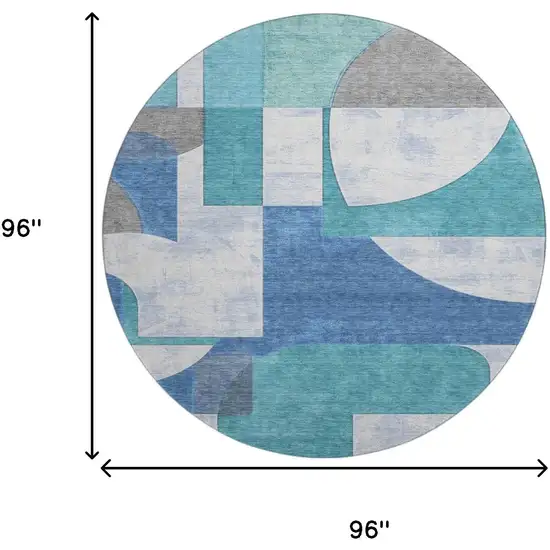 8' Teal Ivory And Gray Abstract Geometric Washable Round Rug With UV Protection Photo 9