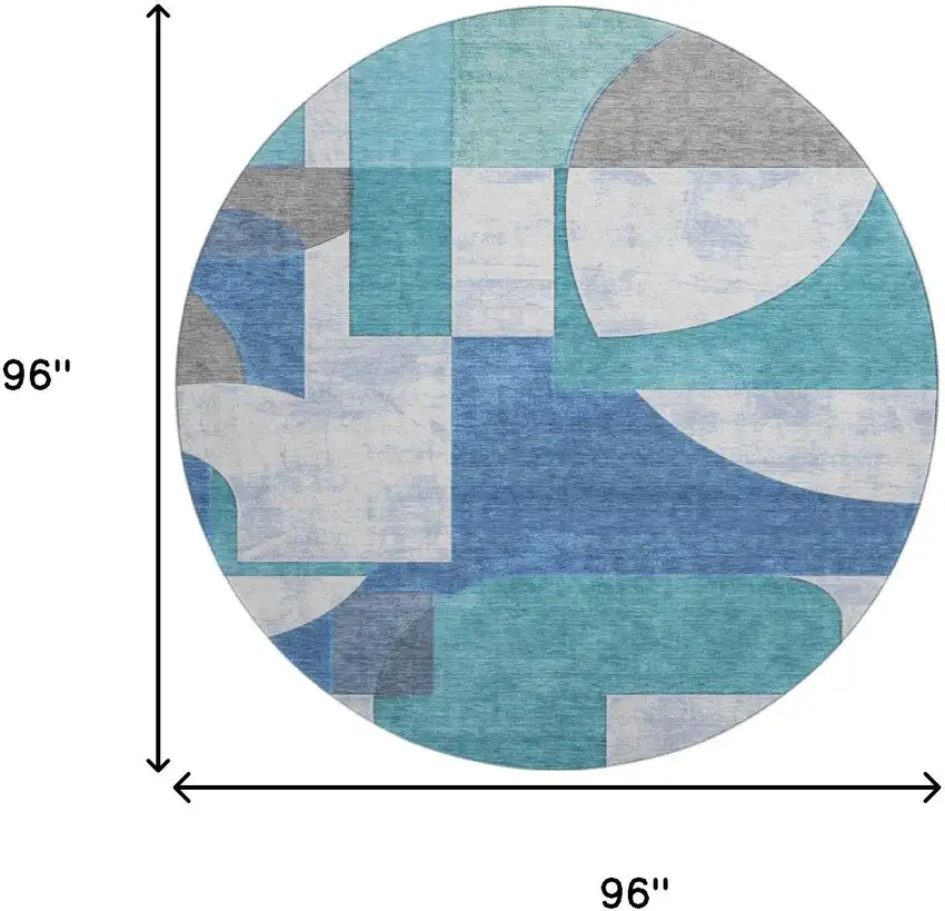 8' Teal Ivory And Gray Abstract Geometric Washable Round Rug With UV Protection Photo 9