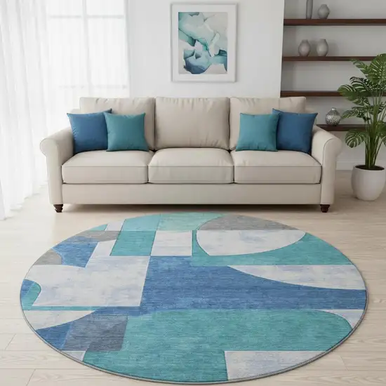 8' Teal Ivory And Gray Abstract Geometric Washable Round Rug With UV Protection Photo 2