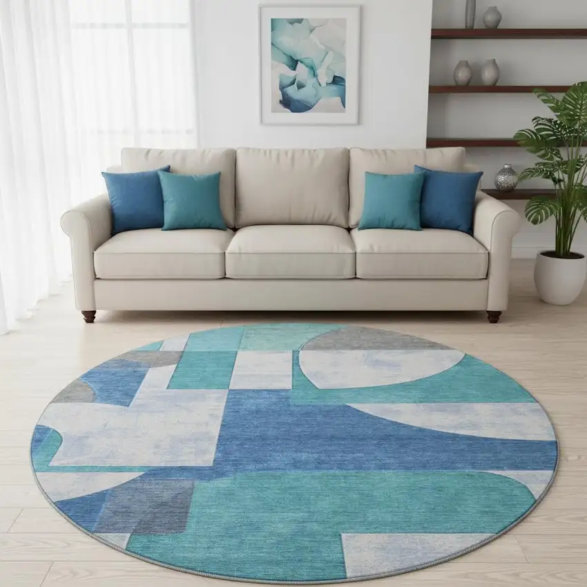 8' Teal Ivory And Gray Abstract Geometric Washable Round Rug With UV Protection Photo 2