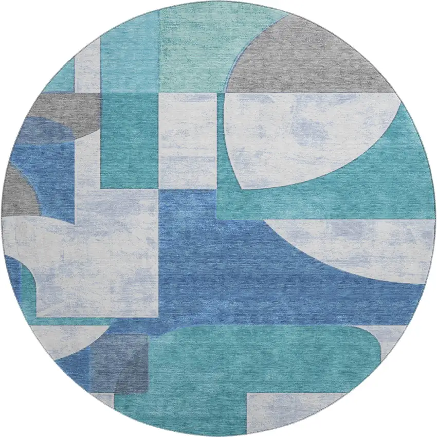8' Teal Ivory And Gray Abstract Geometric Washable Round Rug With UV Protection Photo 1