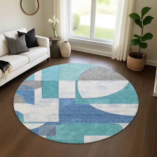 8' Teal Ivory And Gray Abstract Geometric Washable Round Rug With UV Protection Photo 4