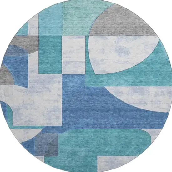 8' Teal Ivory And Gray Abstract Geometric Washable Round Rug With UV Protection Photo 3