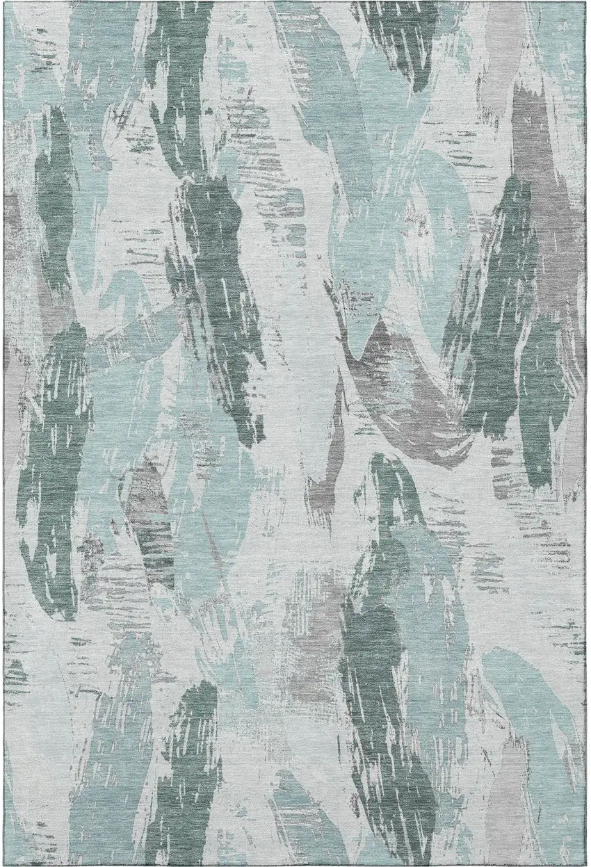 8' Teal Ivory And Gray Abstract Washable Area Rug With UV Protection Photo 3
