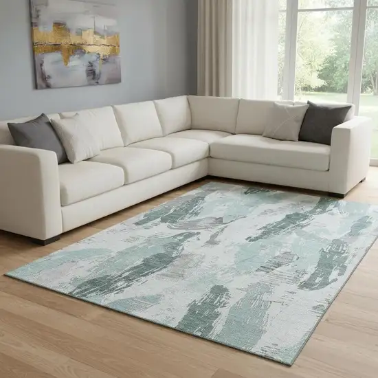 8' Teal Ivory And Gray Abstract Washable Area Rug With UV Protection Photo 2