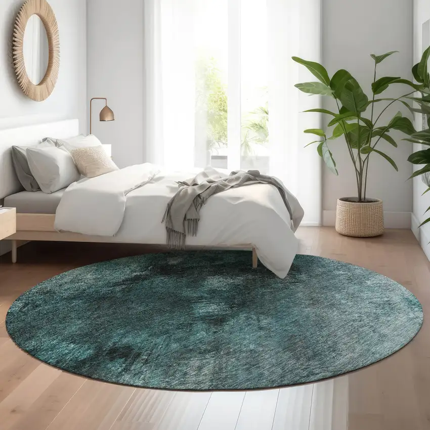 8' Teal Ivory And Gray Abstract Washable Round Rug With UV Protection Photo 5
