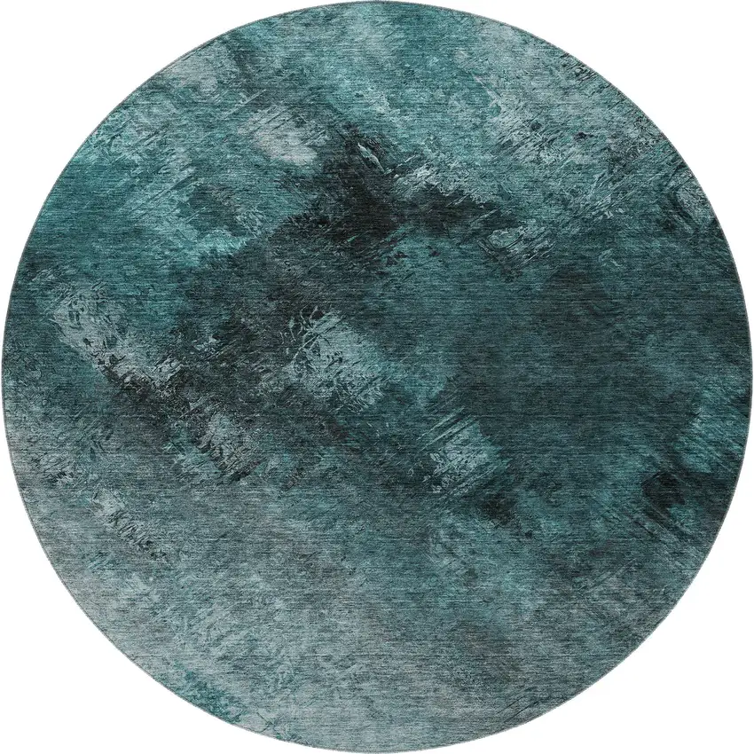 8' Teal Ivory And Gray Abstract Washable Round Rug With UV Protection Photo 4