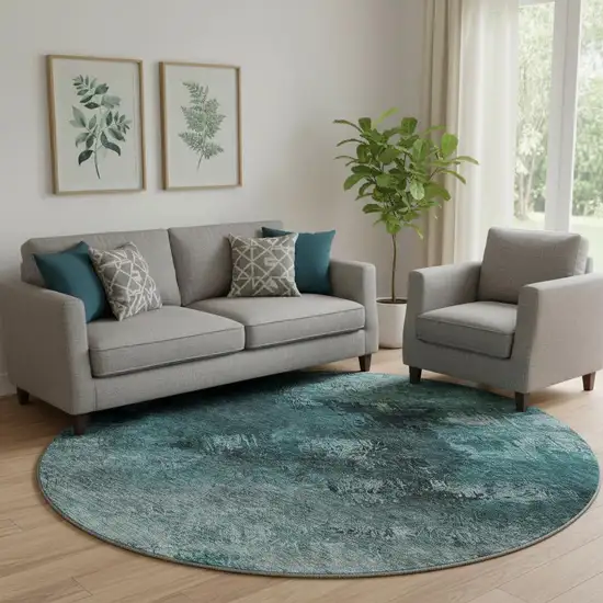 8' Teal Ivory And Gray Abstract Washable Round Rug With UV Protection Photo 1