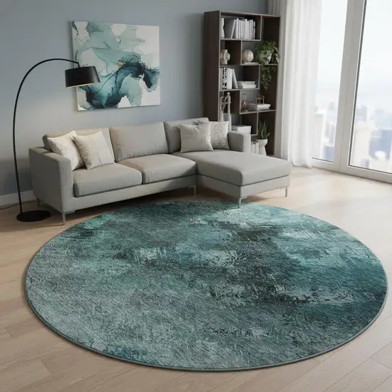 8' Teal Ivory And Gray Abstract Washable Round Rug With UV Protection Photo 2