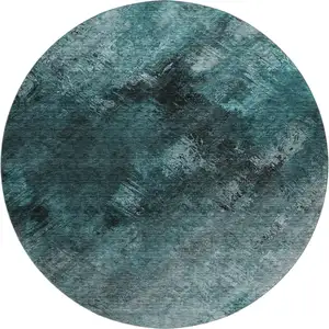 Photo of 8' Teal Ivory And Gray Abstract Washable Round Rug With UV Protection