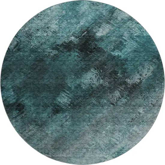 8' Teal Ivory And Gray Abstract Washable Round Rug With UV Protection Photo 1