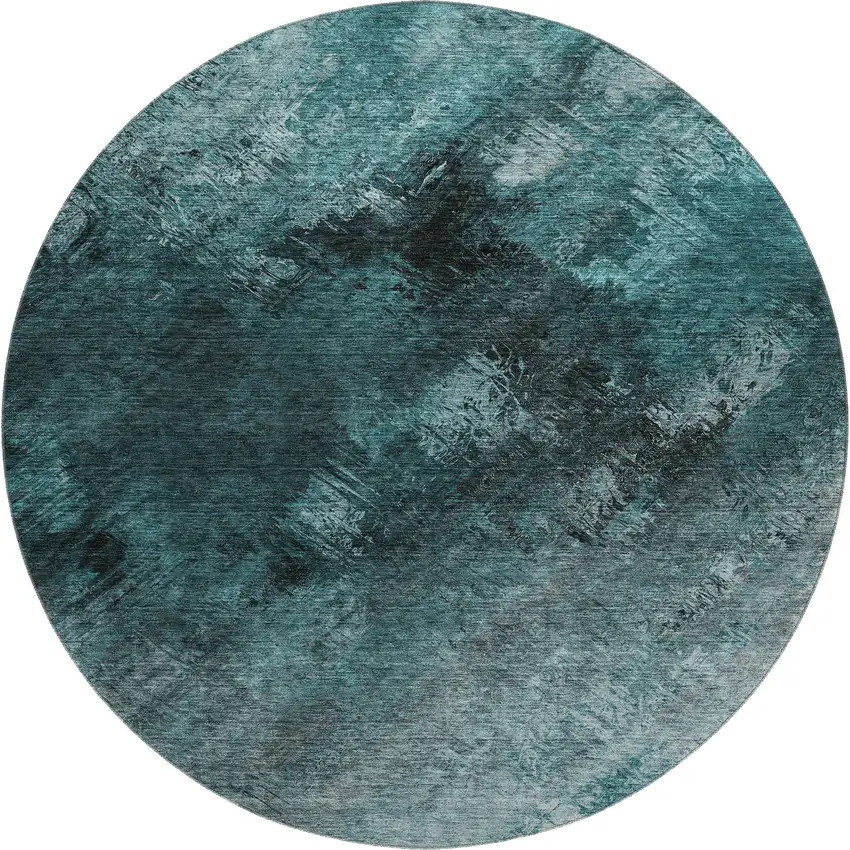 8' Teal Ivory And Gray Abstract Washable Round Rug With UV Protection Photo 1