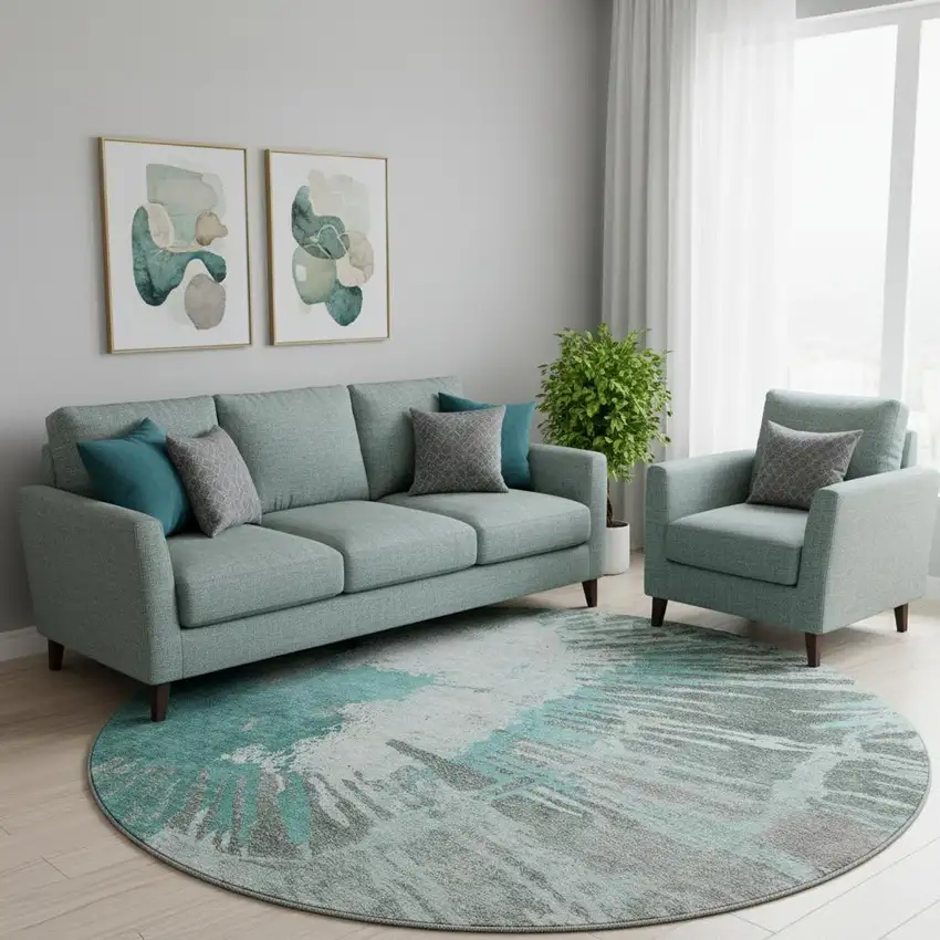 8' Teal Ivory And Gray Abstract Washable Round Rug With UV Protection Photo 1