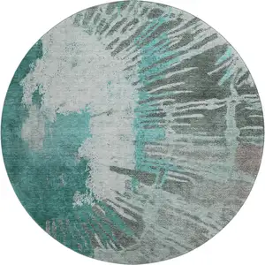 Photo of 8' Teal Ivory And Gray Abstract Washable Round Rug With UV Protection
