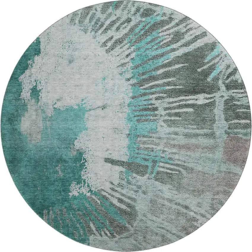 8' Teal Ivory And Gray Abstract Washable Round Rug With UV Protection Photo 1