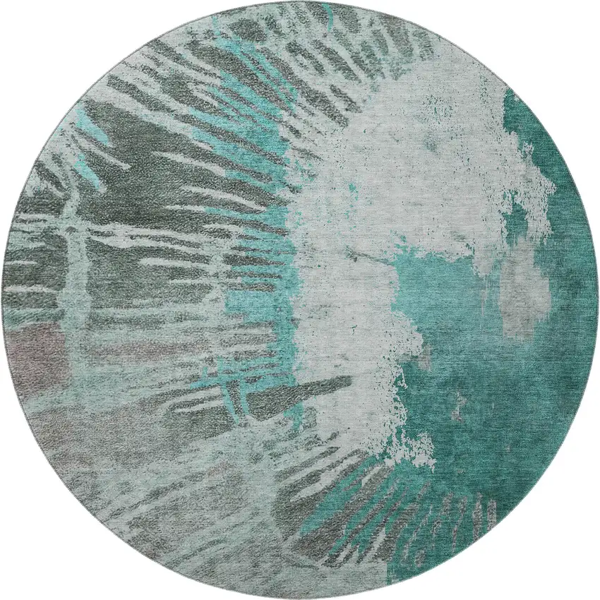 8' Teal Ivory And Gray Abstract Washable Round Rug With UV Protection Photo 3