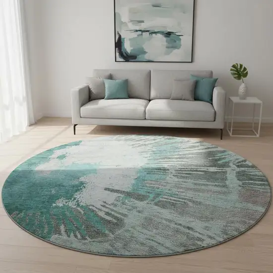 8' Teal Ivory And Gray Abstract Washable Round Rug With UV Protection Photo 2