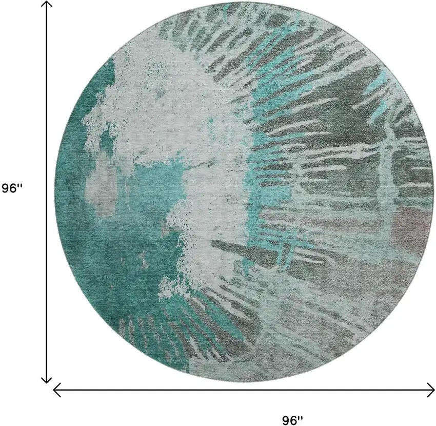 8' Teal Ivory And Gray Abstract Washable Round Rug With UV Protection Photo 9