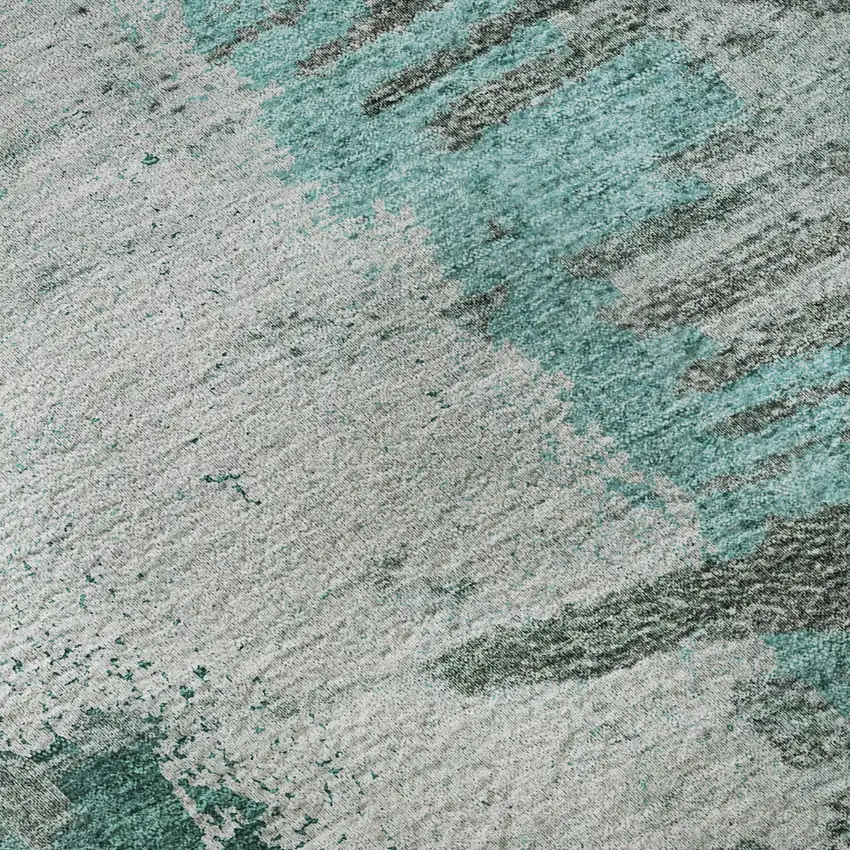 8' Teal Ivory And Gray Abstract Washable Round Rug With UV Protection Photo 8