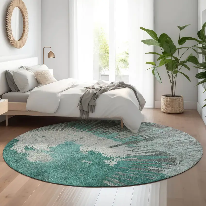 8' Teal Ivory And Gray Abstract Washable Round Rug With UV Protection Photo 4