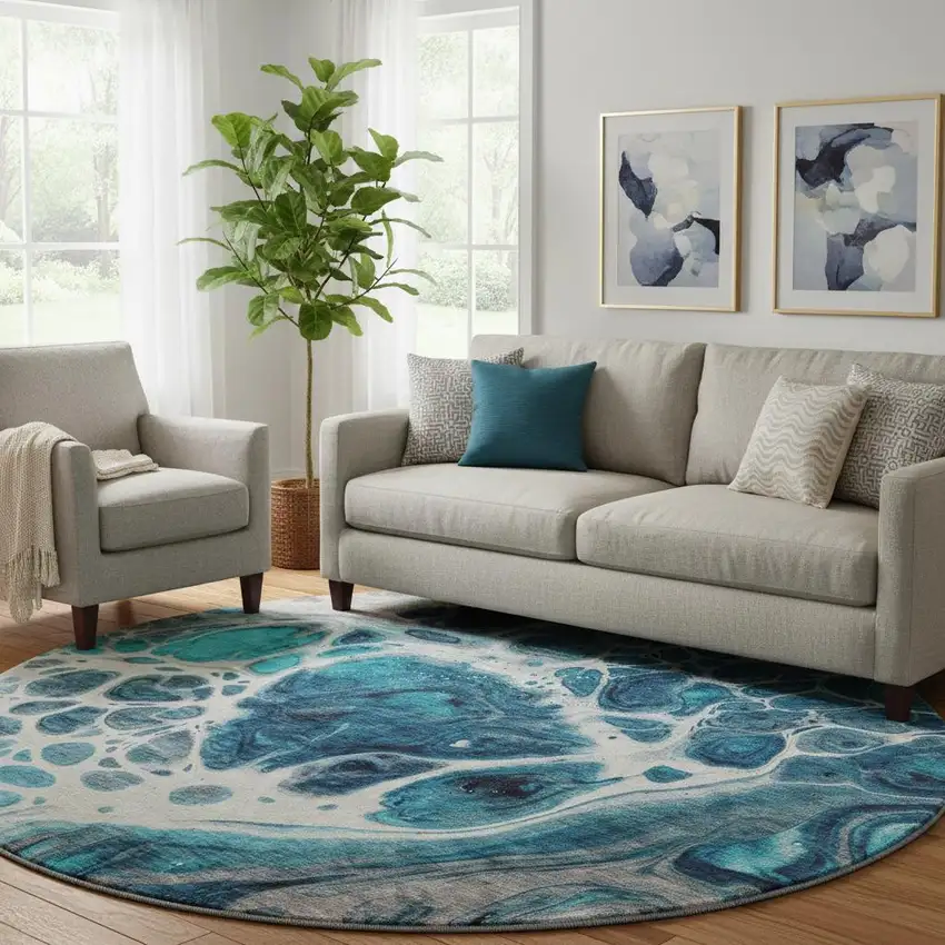8' Teal Ivory And Gray Abstract Washable Round Rug With UV Protection Photo 1