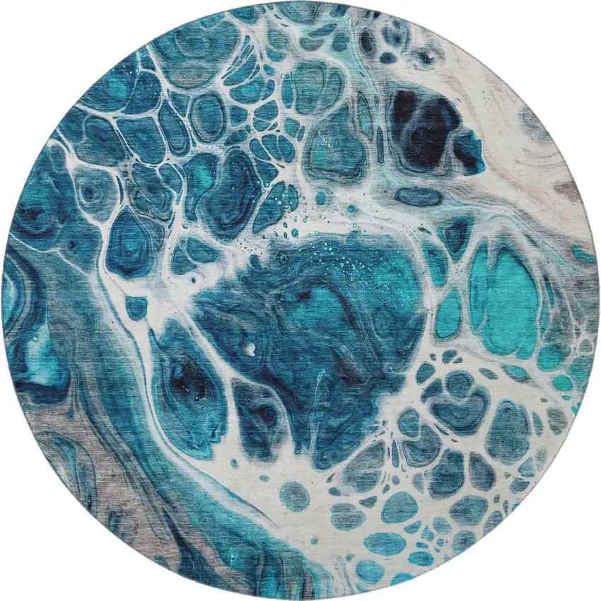8' Teal Ivory And Gray Abstract Washable Round Rug With UV Protection Photo 3