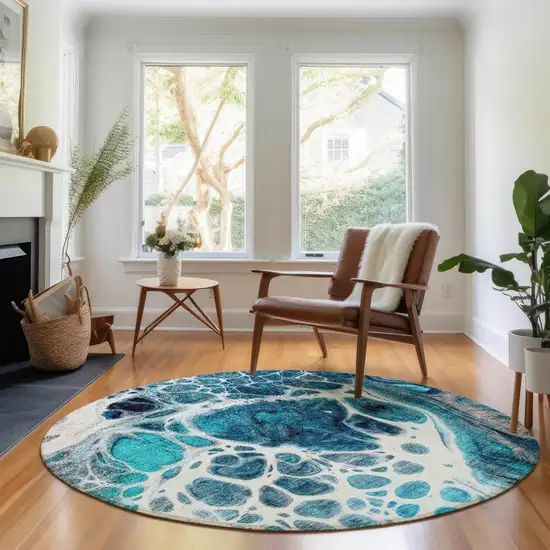 8' Teal Ivory And Gray Abstract Washable Round Rug With UV Protection Photo 5