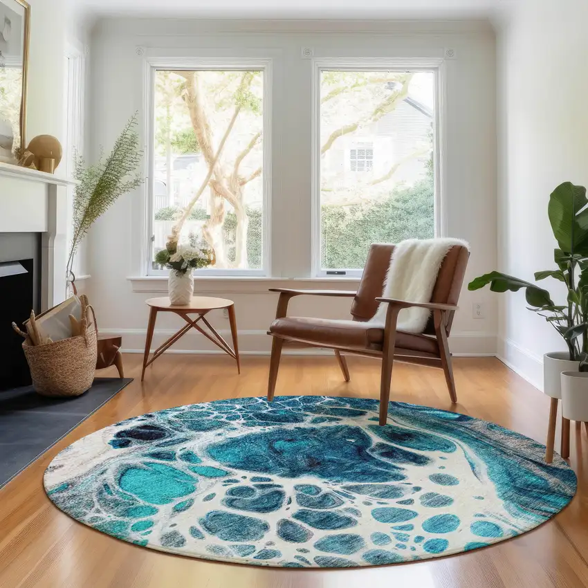 8' Teal Ivory And Gray Abstract Washable Round Rug With UV Protection Photo 5