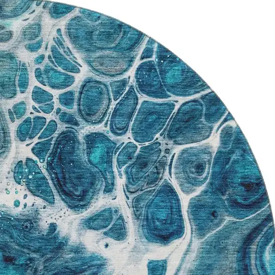 8' Teal Ivory And Gray Abstract Washable Round Rug With UV Protection Photo 4