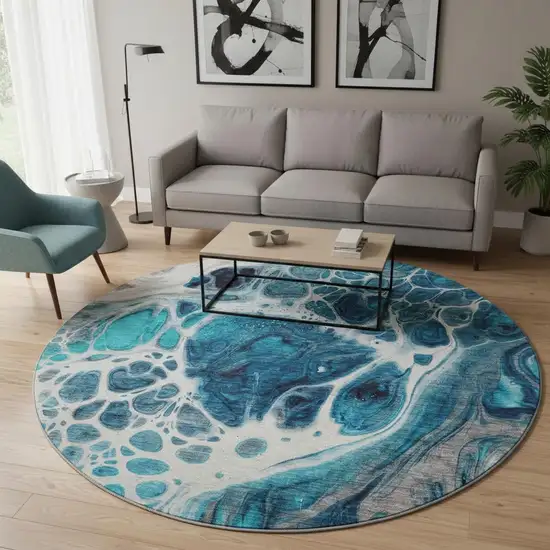 8' Teal Ivory And Gray Abstract Washable Round Rug With UV Protection Photo 2