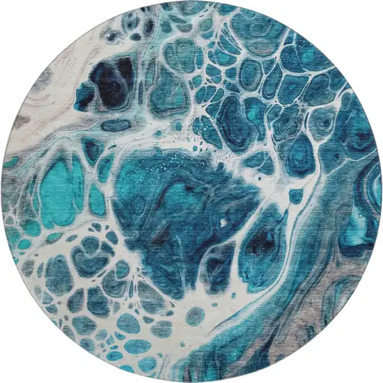 8' Teal Ivory And Gray Abstract Washable Round Rug With UV Protection Photo 1