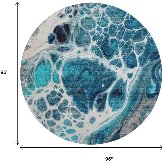 8' Teal Ivory And Gray Abstract Washable Round Rug With UV Protection Photo 6