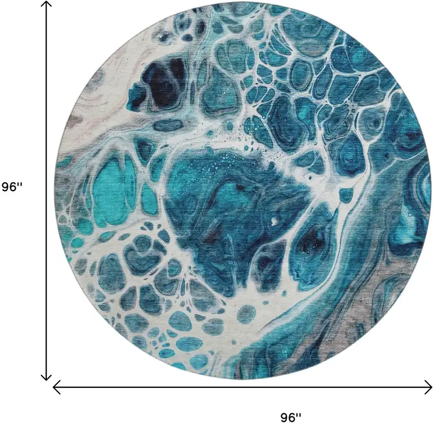 8' Teal Ivory And Gray Abstract Washable Round Rug With UV Protection Photo 6