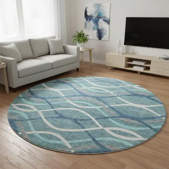 8' Teal Ivory And Gray Abstract Washable Round Rug With UV Protection Photo 2